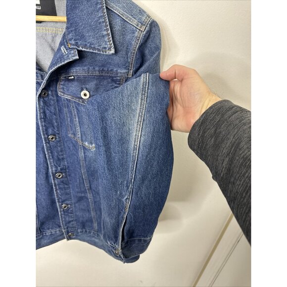 G star Jacket Mens M blue denim button Biker Light Distress Jean 3301 Slim - Picture 3 of 10